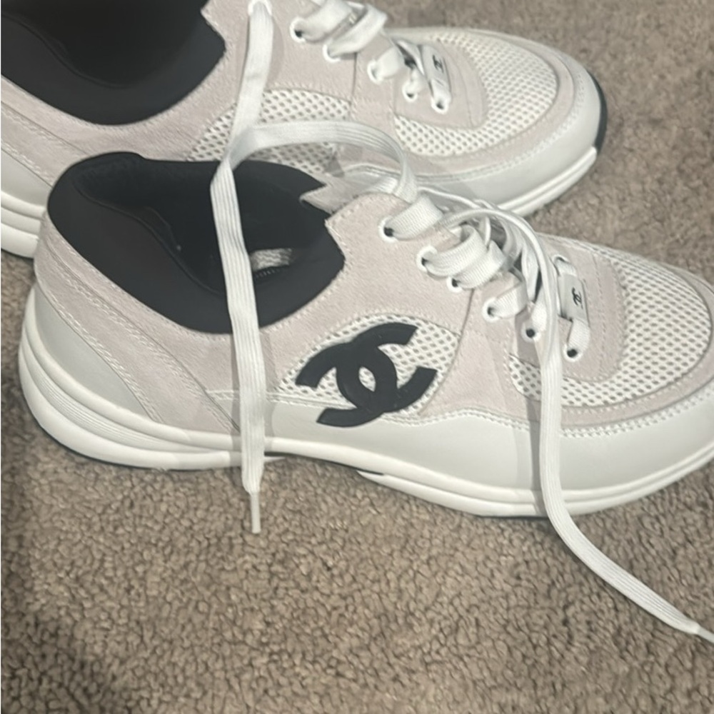CHANEL White and Black Sneakers